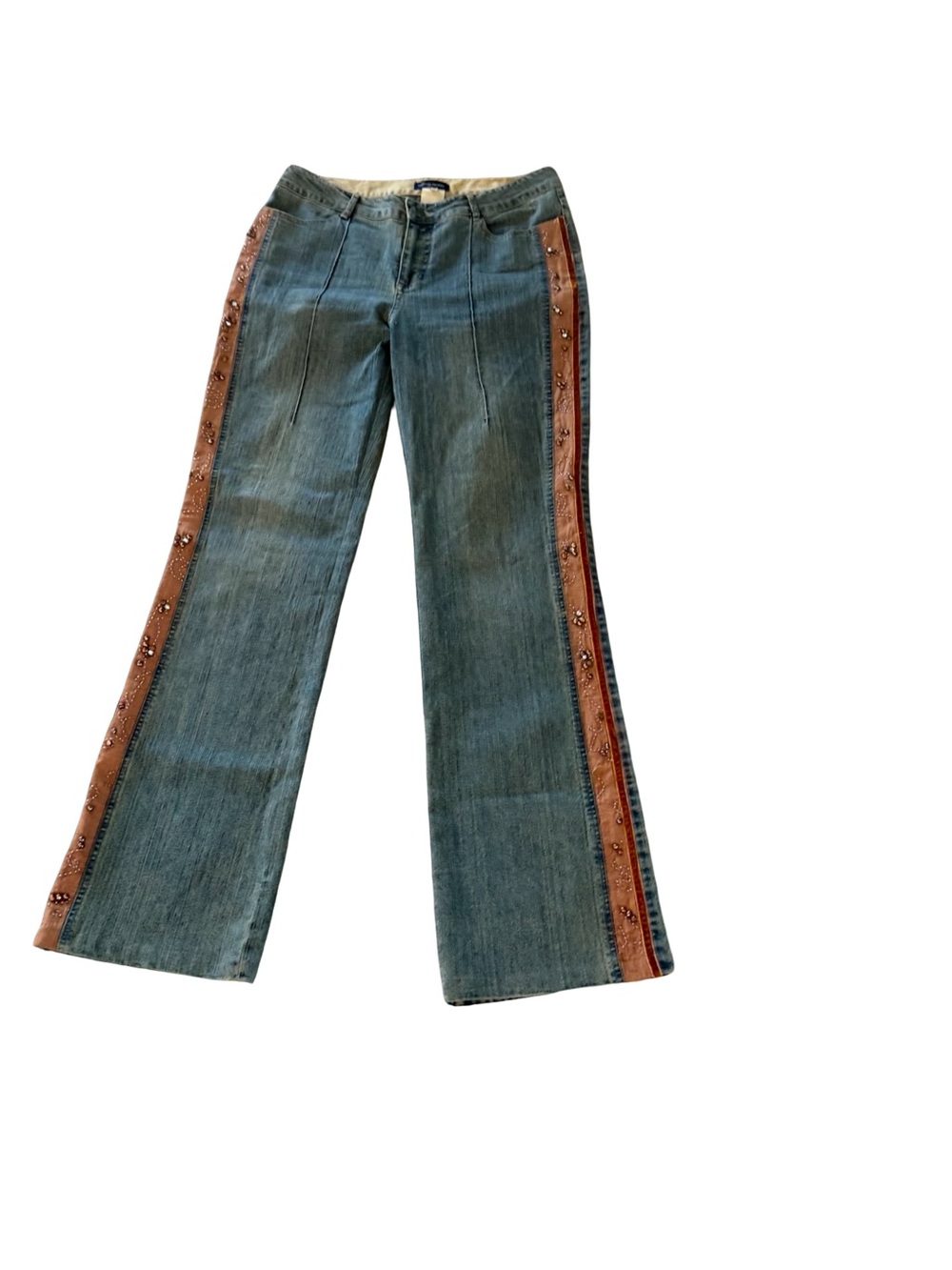 Women’s Blue Denim Jeans with Brown Embellished Side Stripes Boston Proper